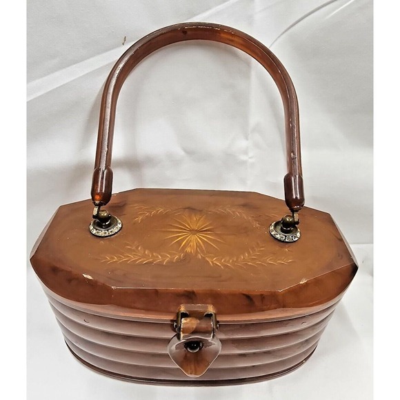 VTG Amber Lucite Purse Mid Century Pocketbook Vintage 1950s Rhinestones - Picture 1 of 16